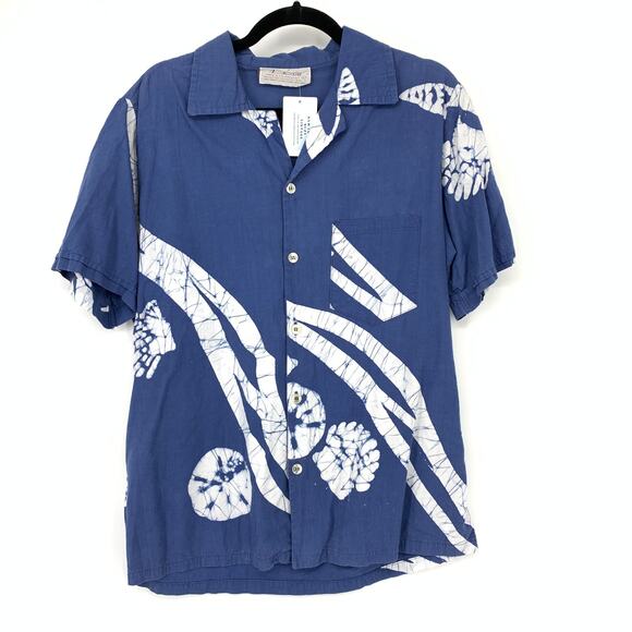 Vintage Androsia Button Down Shirt Mens Size Large Blue White Batik Print - Picture 1 of 6
